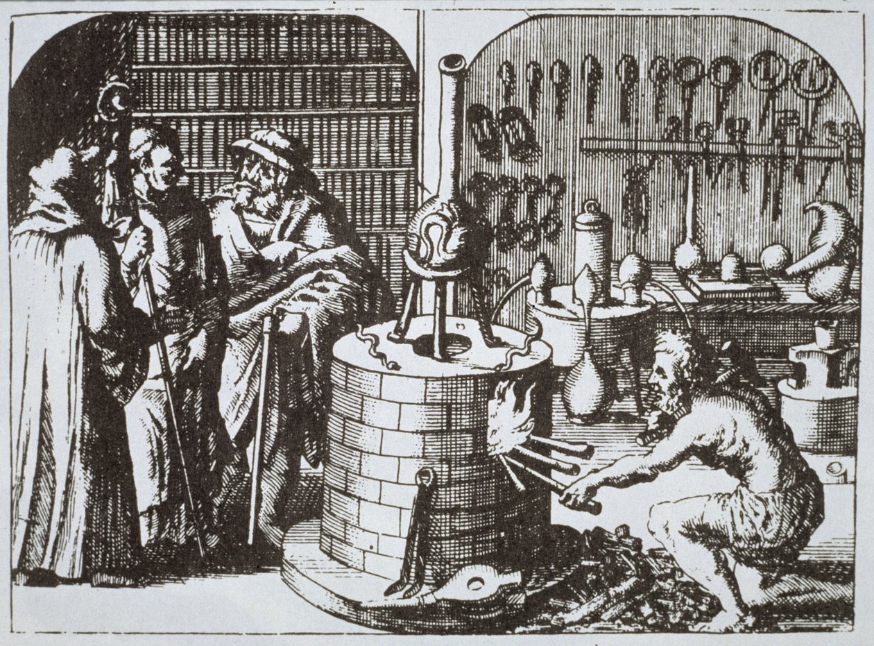 Filósofos herméticos y un alquimista, de Museum Hermeticum por Michael Majer (1625) ilustrado en una historia de la magia publicado a finales del siglo XIX de German School