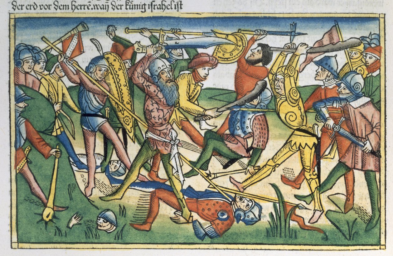 1 Samuel 28:1-2 Los filisteos guerrean contra Israel, de la Biblia de Núremberg (Biblia Sacra Germanaica) de German School