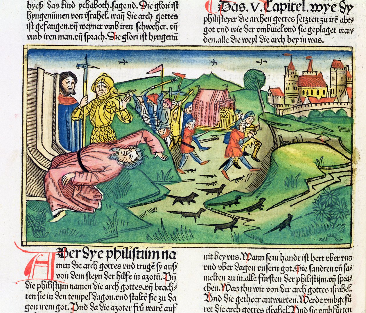 1 Samuel 5:1-11 Los filisteos capturan el Arca y son golpeados por la plaga, de la Biblia de Núremberg (Biblia Sacra Germanaica) de German School