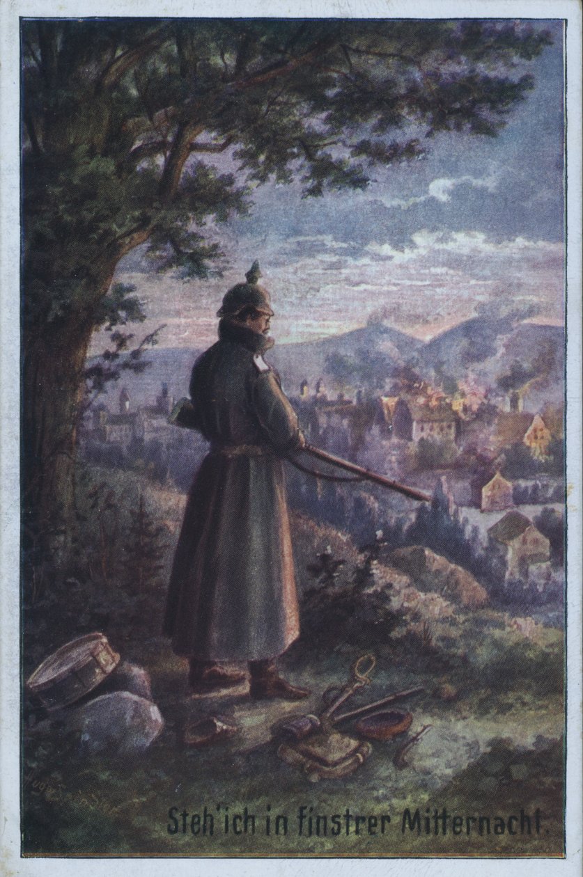 En la oscuridad de medianoche: Soldado alemán de guardia vigilando un pueblo (litografía en color) de German School