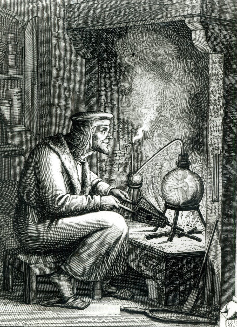 Ilustración del Fausto de Goethe que representa a Mefistófeles creando un homúnculo, 1854 de German School