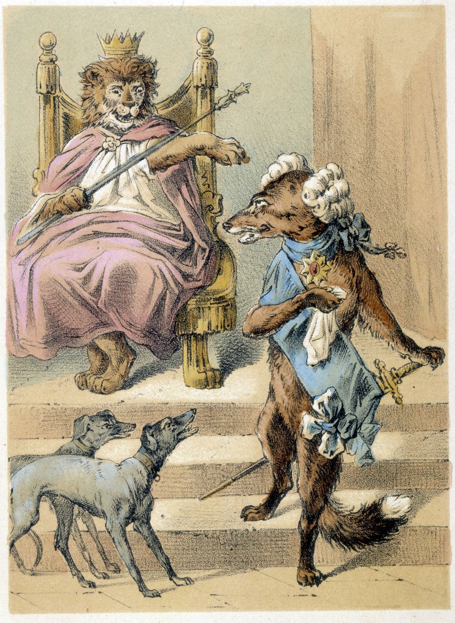 Ilustración de los cuentos de Franz Hoffmann "Cuentos y Fábulas - El Zorro": Un zorro hablando ante el Rey León. Cromolitografía del siglo XIX de German School