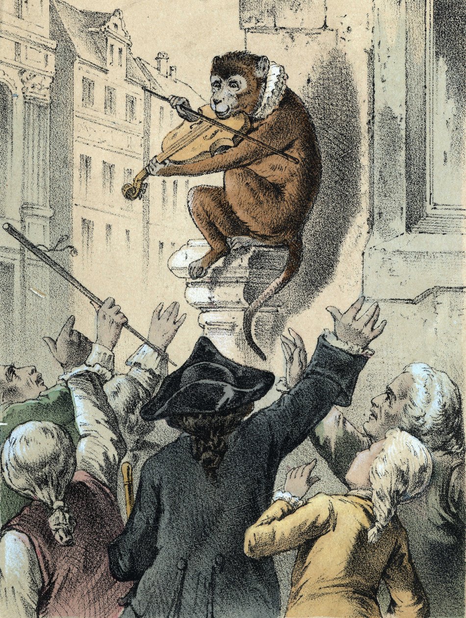 Ilustración de los cuentos de Franz Hoffmann “Cuentos y Fábulas - El mono y el violín”: un mono tocando el violín frente a una multitud. Cromolitografía del siglo XIX. de German School