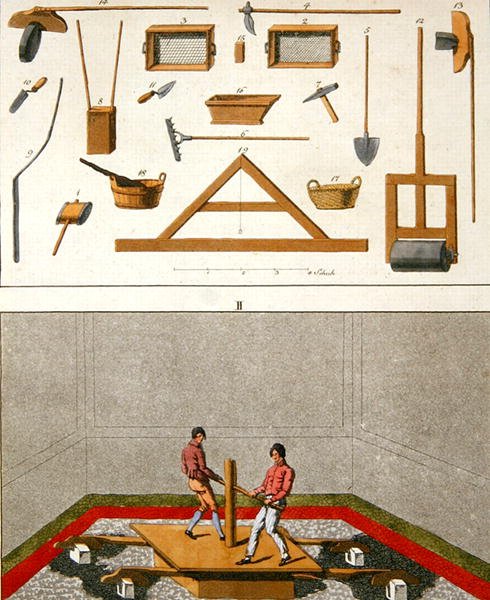 Ilustración de herramientas y obreros colocando un piso, de 
