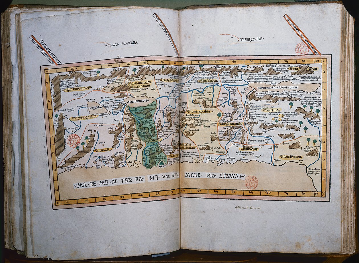 Inc. 425 Mapa de Tierra Santa, basado en descripciones y coordenadas dadas en Cosmographica, por Ptolomeo (Claudio Ptolomeo de Alejandría) (c.90-168 d.C.) publicado en Ulm, Alemania, por Johann Reger de German School