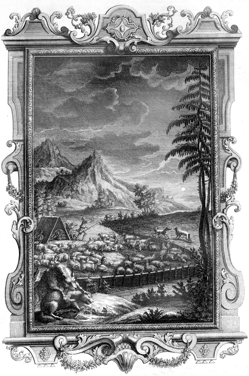 Jacob, el pastor fiel, protegiendo su rebaño de ovejas del ataque de los lobos, 1731 de German School