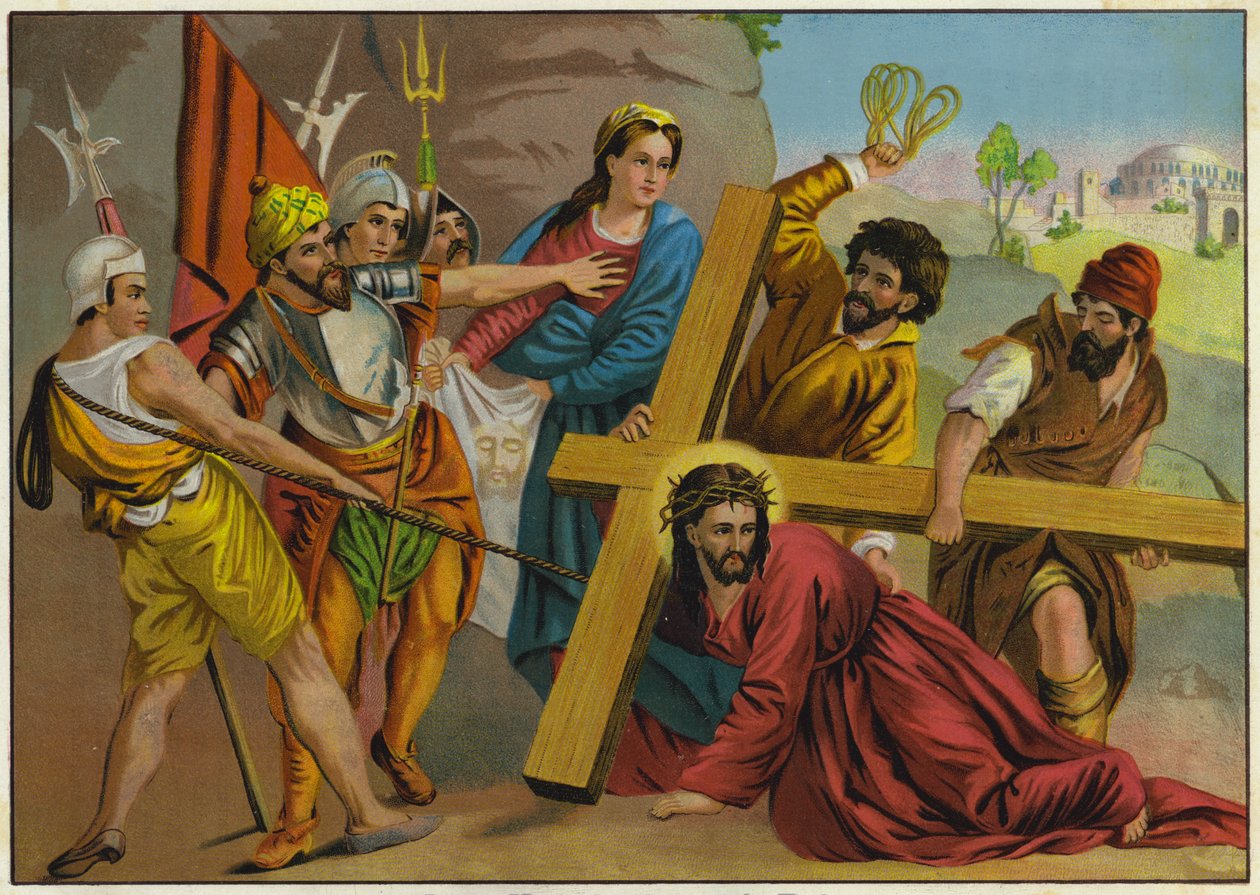Jesús cayendo bajo el peso de su Cruz camino de su Crucifixión (litografía en color) de German School