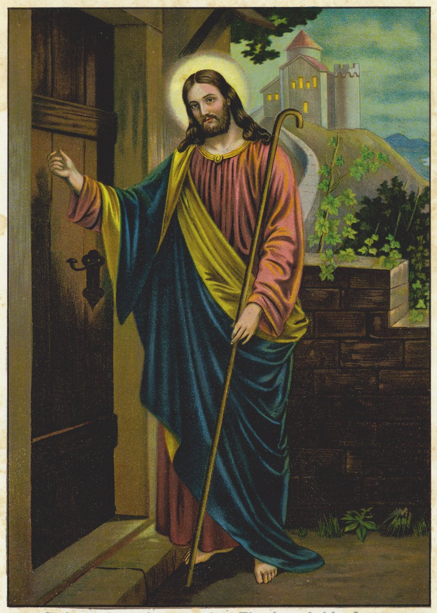 Jesús llamando a la puerta de una casa (litografía en color) de German School