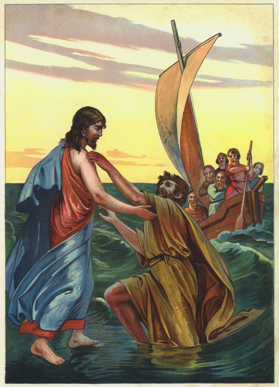Jesús caminando sobre las aguas (litografía en color) de German School