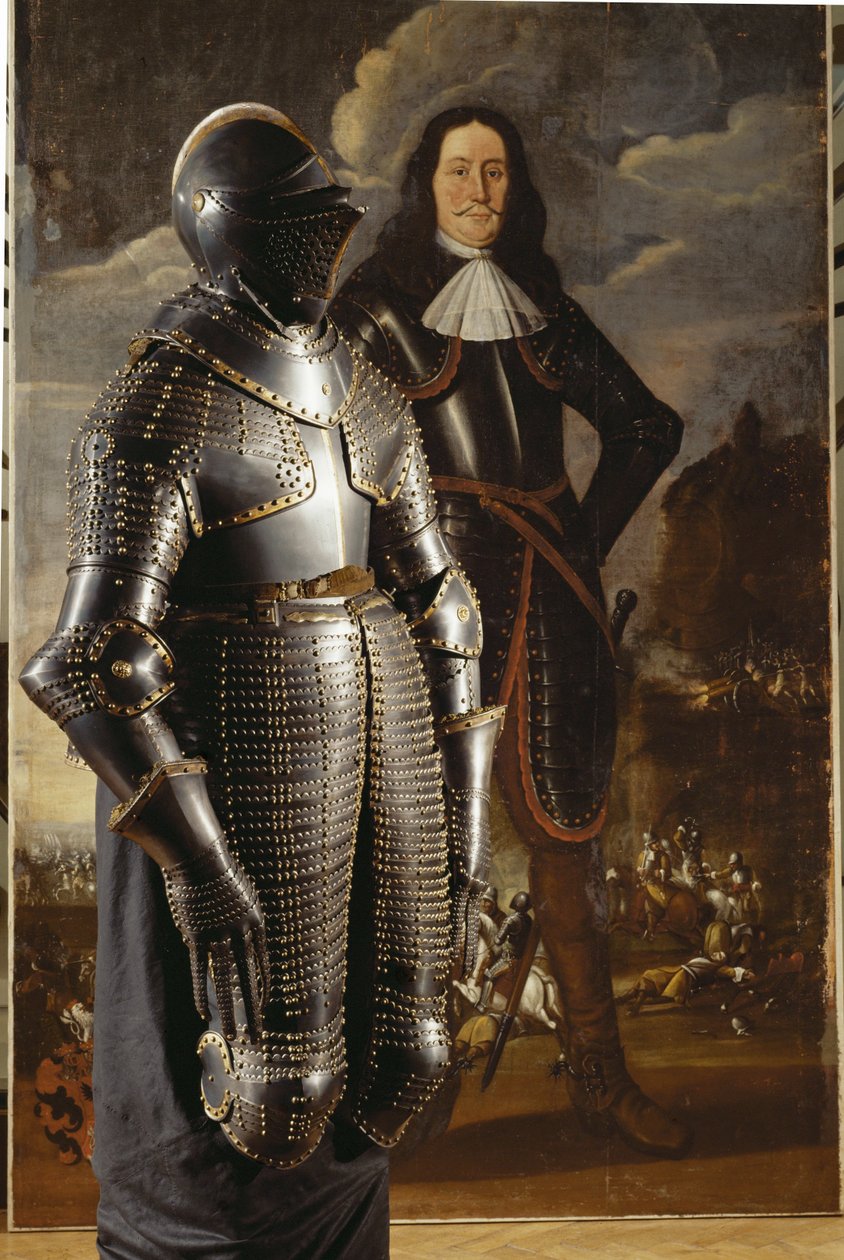 Johann Conde Sporck, su armadura de 36 kg frente a su retrato ... de German School
