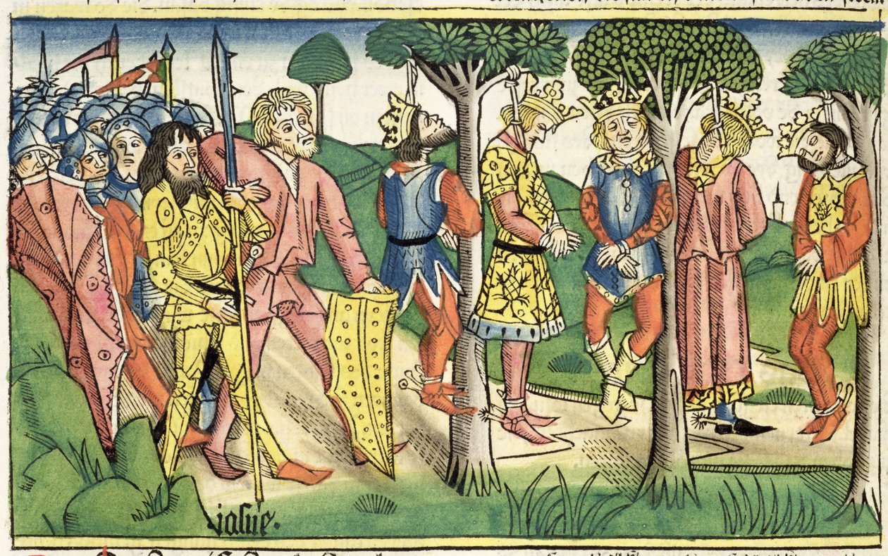 Josué 10 16-27 La ejecución de los cinco reyes, de la "Biblia de Nuremberg (Biblia Sacra Germanaica)" (xilografía coloreada) de German School