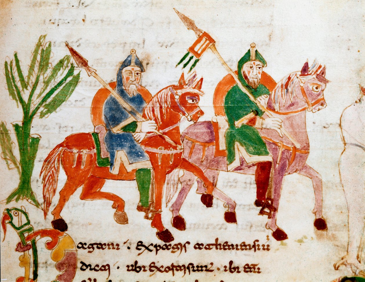 Caballeros con caballos Miniatura del manuscrito 