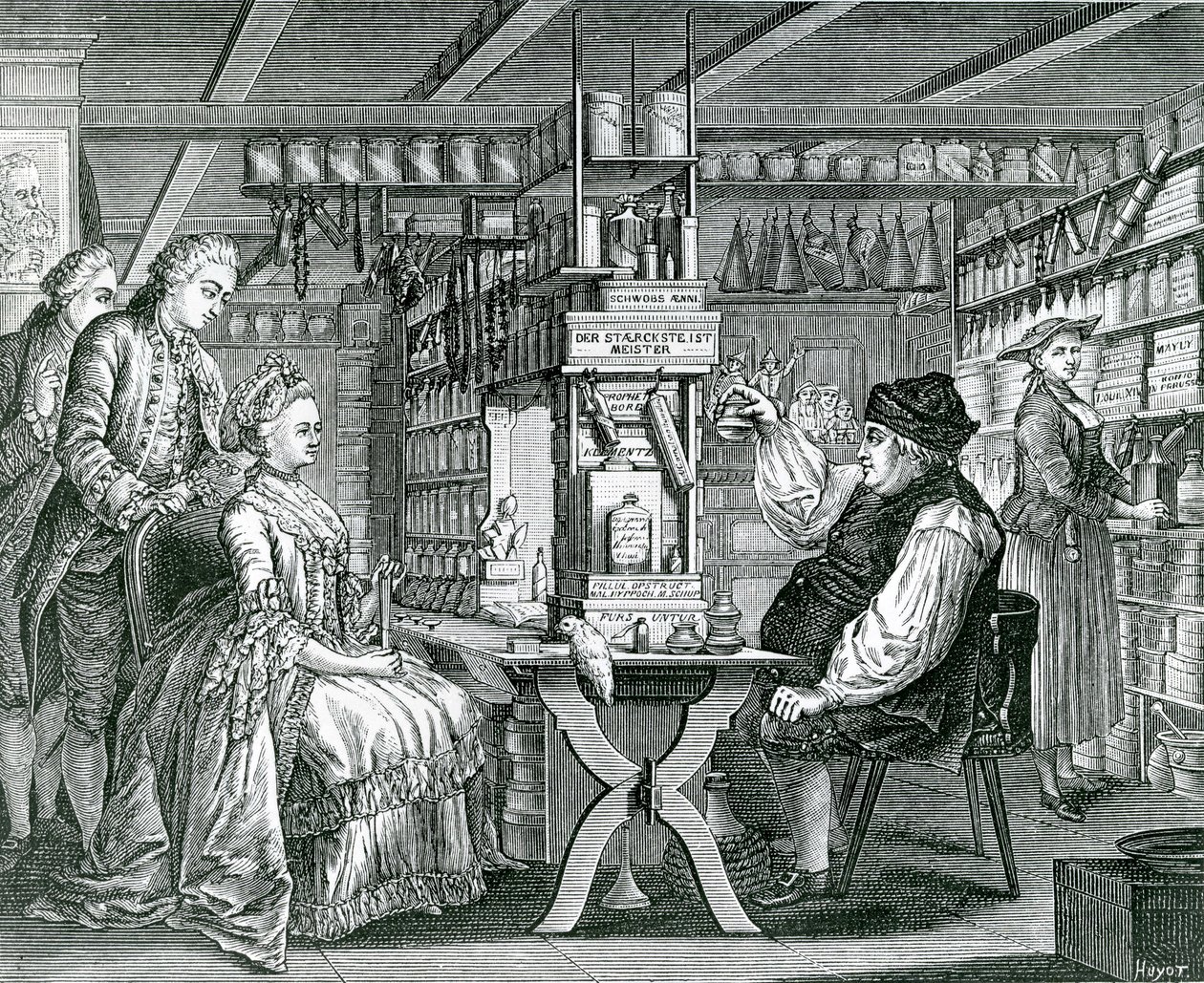 La Pharmacie Rustique, impreso por Bartolomaus Hubner, 1774 de German School