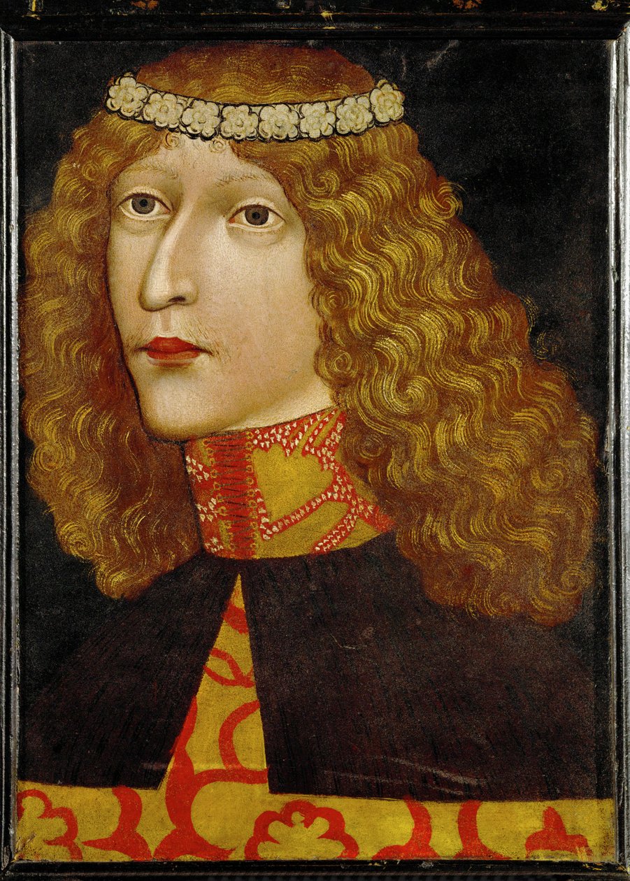 Ladislao Póstumo, rey de Hungría y Bohemia, nacido en 1440, cuatro meses después de la muerte de su padre, el rey Alberto II ... (pergamino sobre madera) de German School