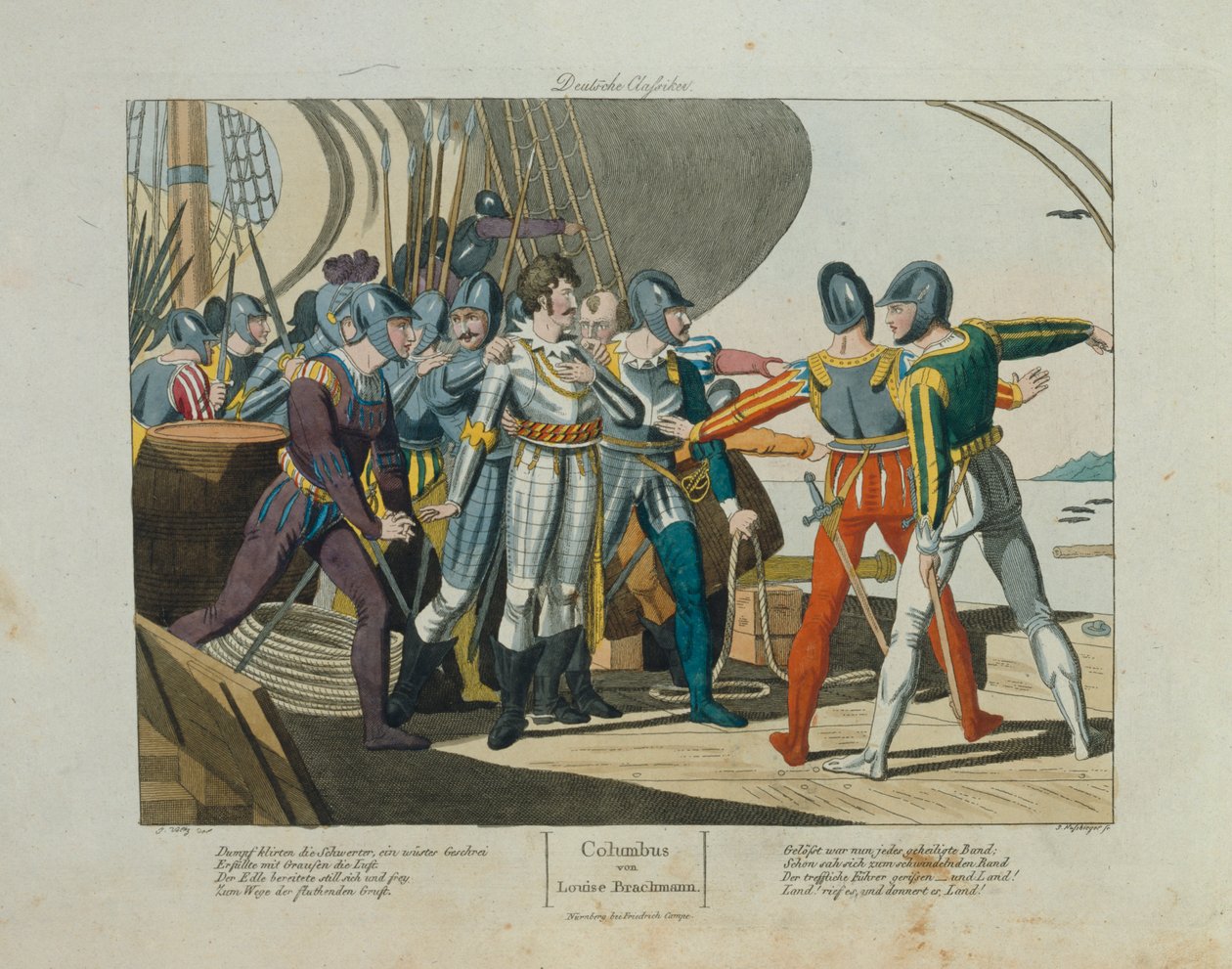 ¡Tierra, tierra! La llegada de Cristóbal Colón a América, publicada por Friedrich Campe, Núremberg, c.1820 de German School