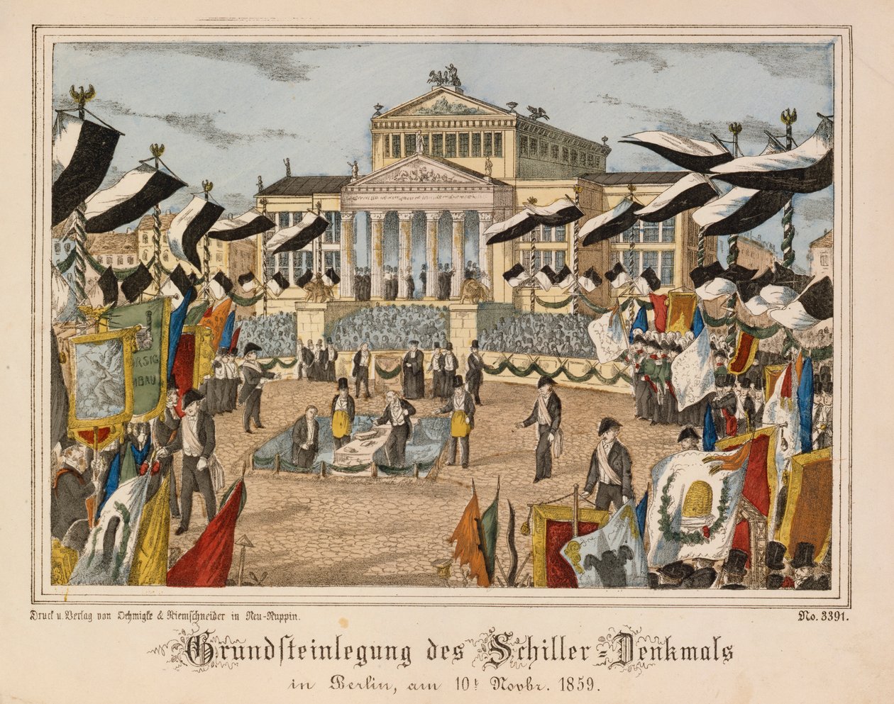 Colocación de la primera piedra del monumento a Schiller en Gendarmenmarkt, Berlín, 10 de noviembre de 1859, con el Schauspielhaus en el fondo, de Neuruppiner Bilderbogen, publicada por Oehmigle & Ri de German School