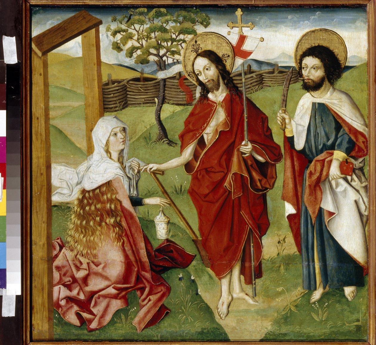 Cristo, María Magdalena y San Bartolomé (o Natanael, Apóstol) (Cristo, María Magdalena y San Bartolomé). Puede ser una representación de ""Noli me tangere"": la visión de Cristo resucitado en Santa María Magdalena. Jesucristo sostiene una cortina de German School