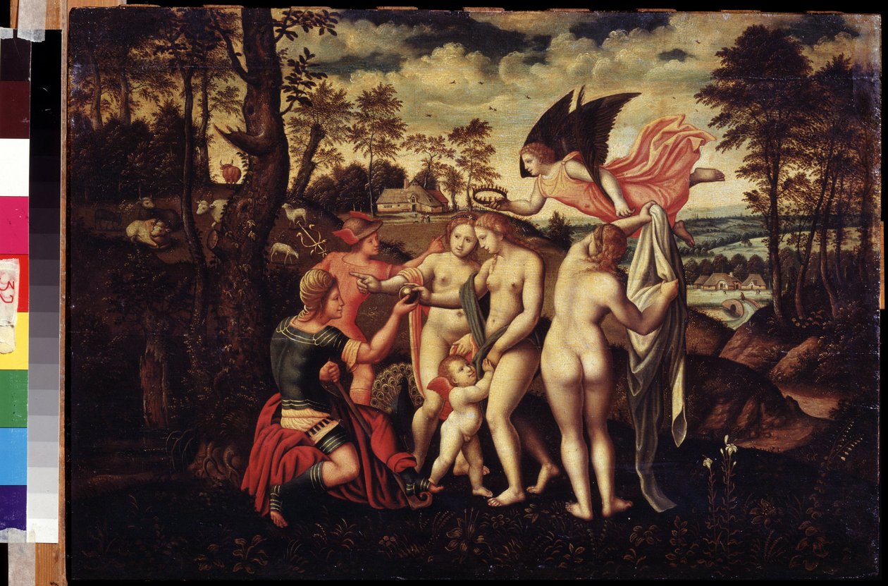 ""El juicio de Paris"" El pastor Paris debe elegir a quien le dará la manzana de oro para designar a la más bella de las tres diosas, Atenea, Afrodita o Hera. Pintura de la escuela alemana del siglo XVI. Museo Pushkin Moscú de German School