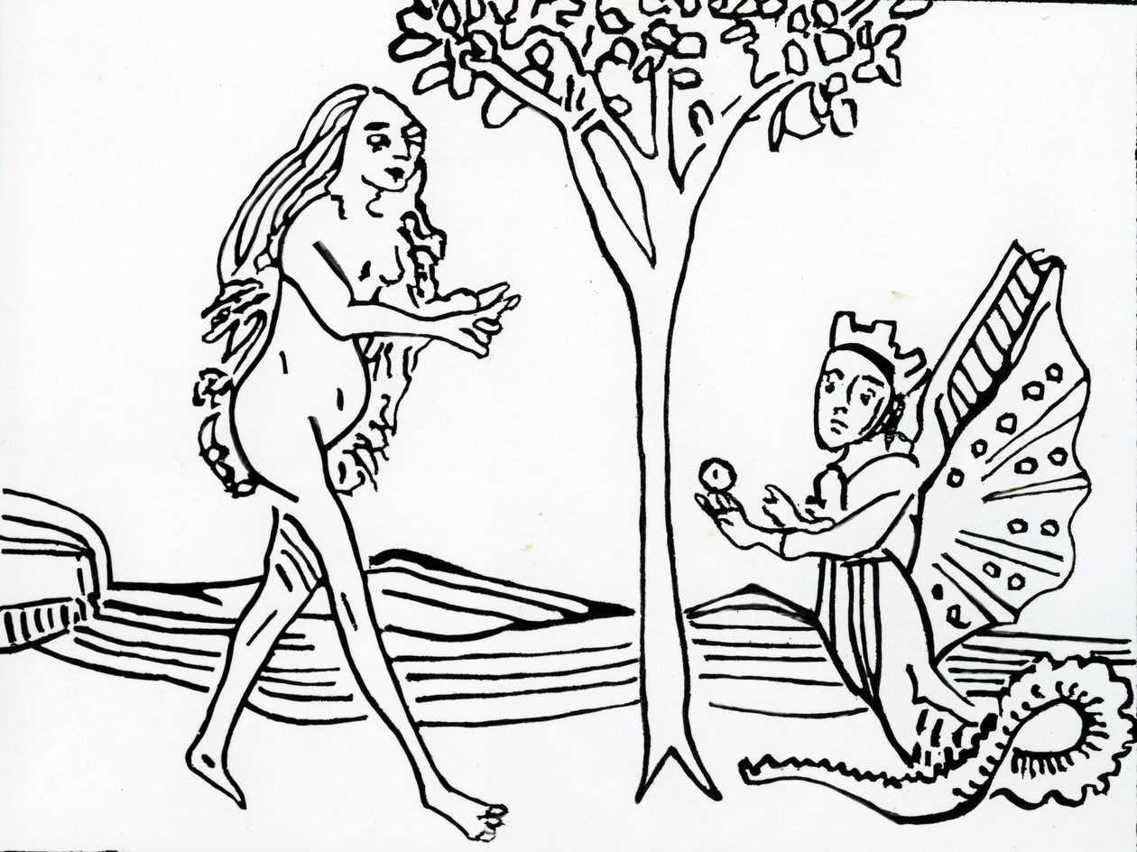 Lilith, alada y coronada, con cola de serpiente, ofrece la manzana a Eva, de 