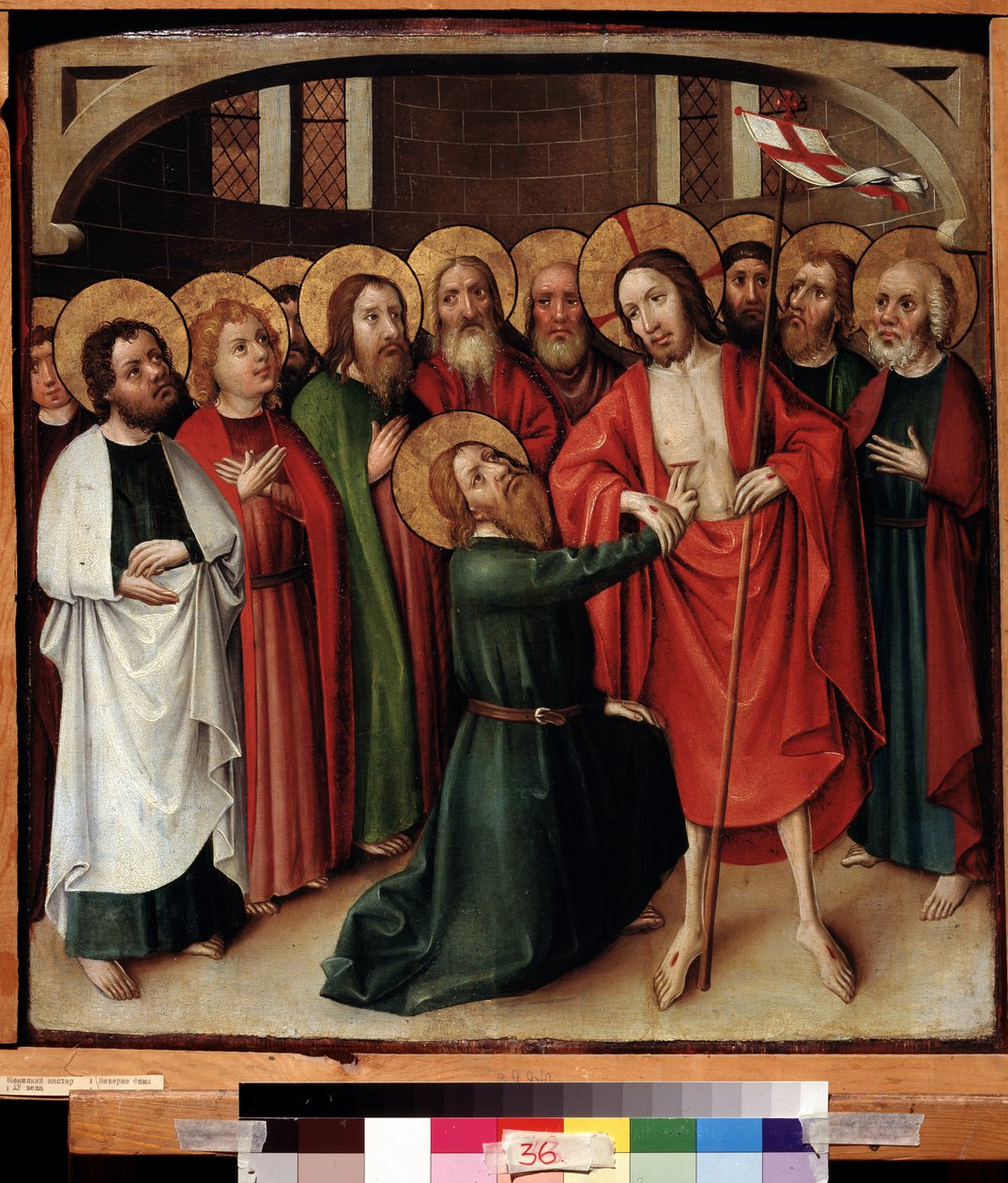 La incredulidad de Santo Tomás. Jesucristo sostiene una bandera blanca (estandarte) marcada con una cruz roja y su halo está marcado con una cruz. Pintura de un maestro suabo (activo alrededor de 1500). Óleo sobre tabla, 64 x 62 cm, v de German School