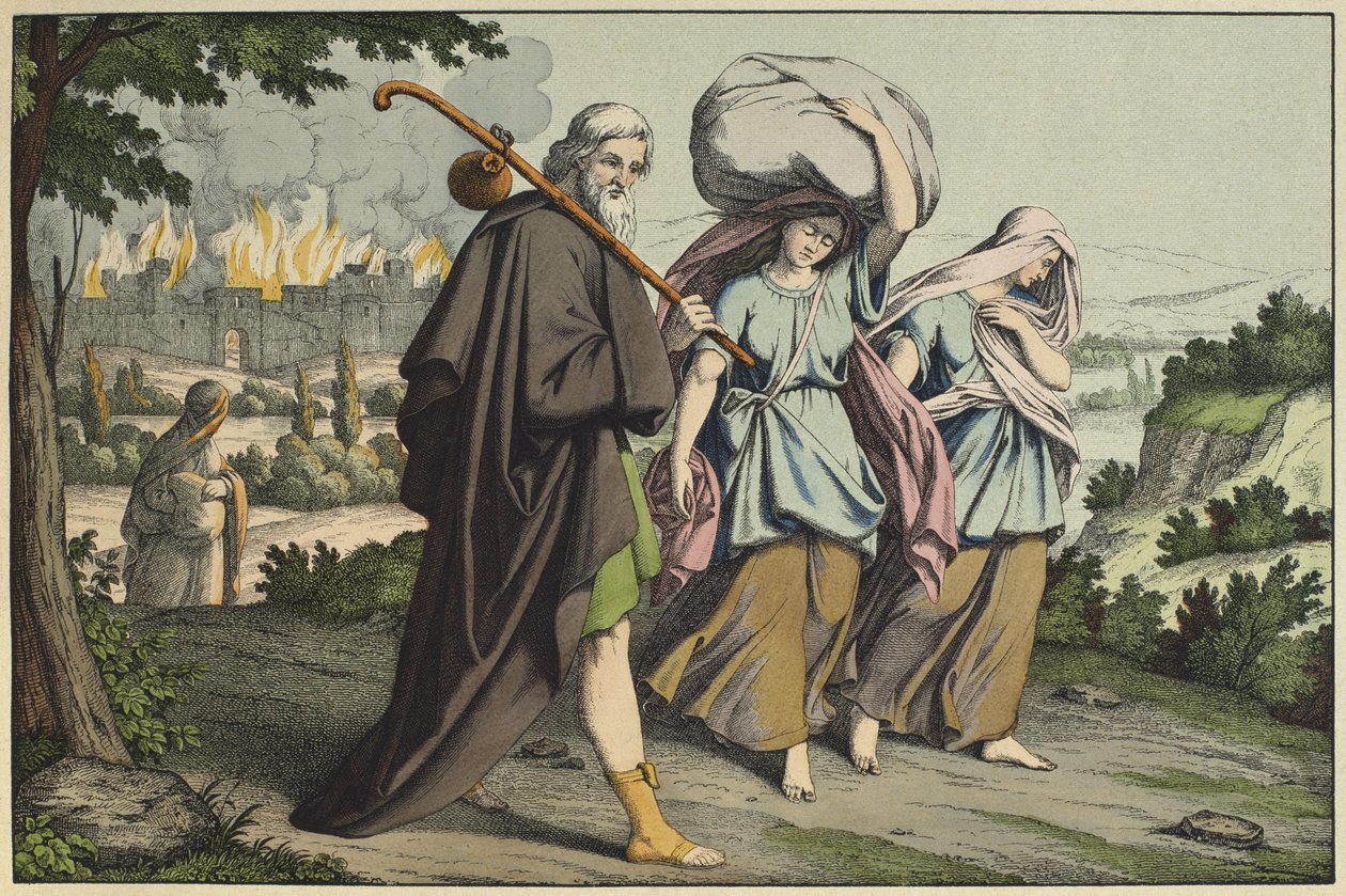Lot y sus hijas huyendo, ilustración de L