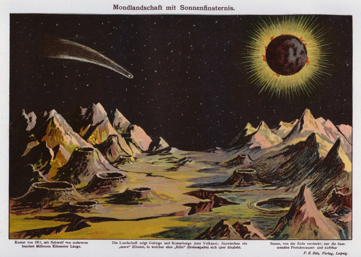 Paisaje lunar, eclipse solar y cometa de 1911 (litografía en color) de German School