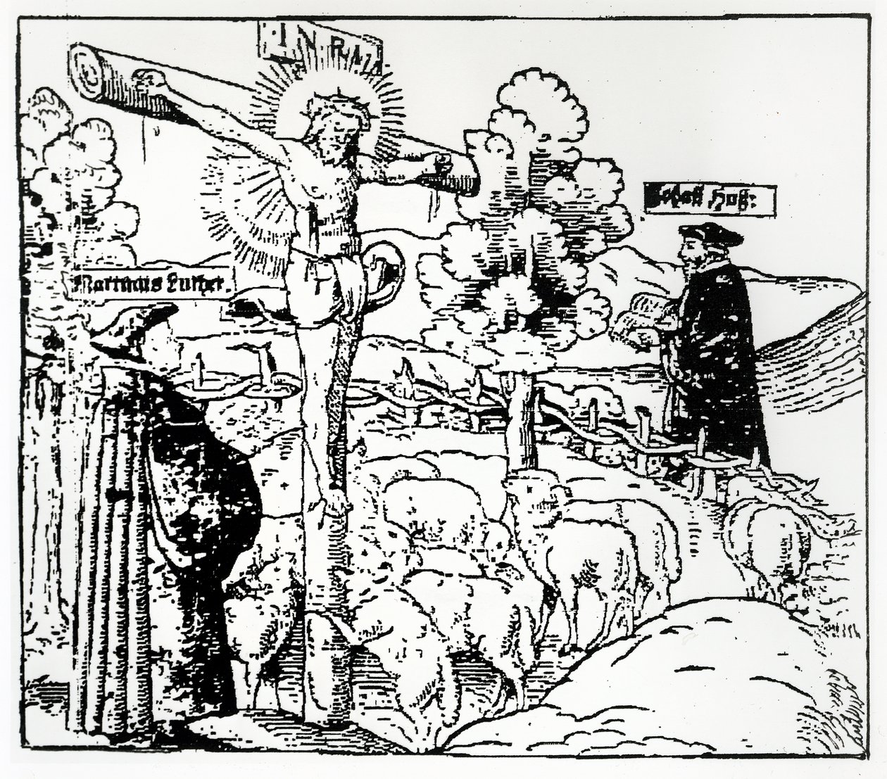 Lutero (1483-1546) y Hus (1369-1415) con Cristo en el redil, c.1520-21 de German School