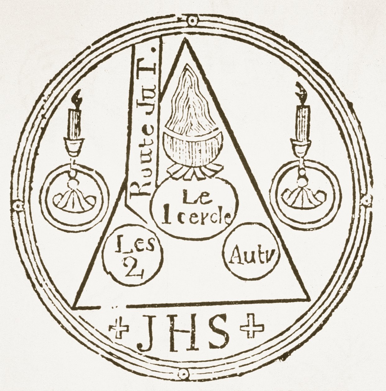Círculo Mágico, copia de una ilustración de Dreyfacher Hollenzwang por Dr. Faustens, Passau 1407, reproducido en Das Kolster Vol V, por J Scheible, 1845, usado en una Historia de la Magia, publicada a finales del siglo XIX de German School