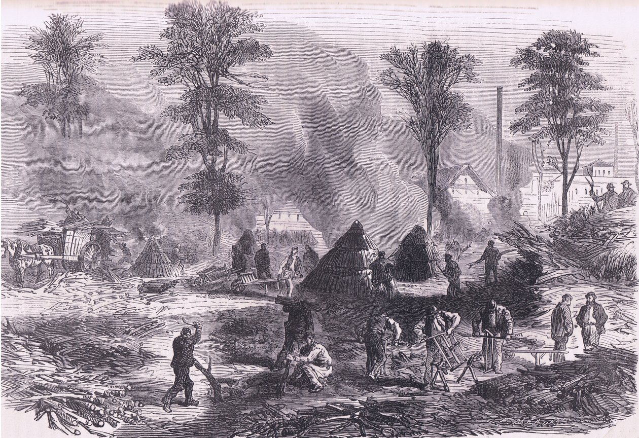 Haciendo carbón para pólvora, Historia de la guerra entre Francia y Alemania de Cassell, publicada por Cassell and Company Limited, c.1890 de German School
