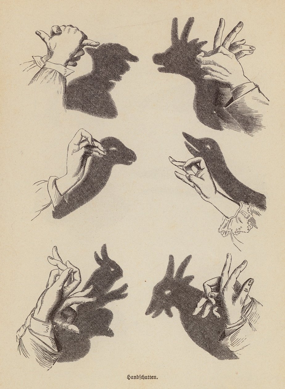 Hacer animales de sombra con las manos (grabado) de German School
