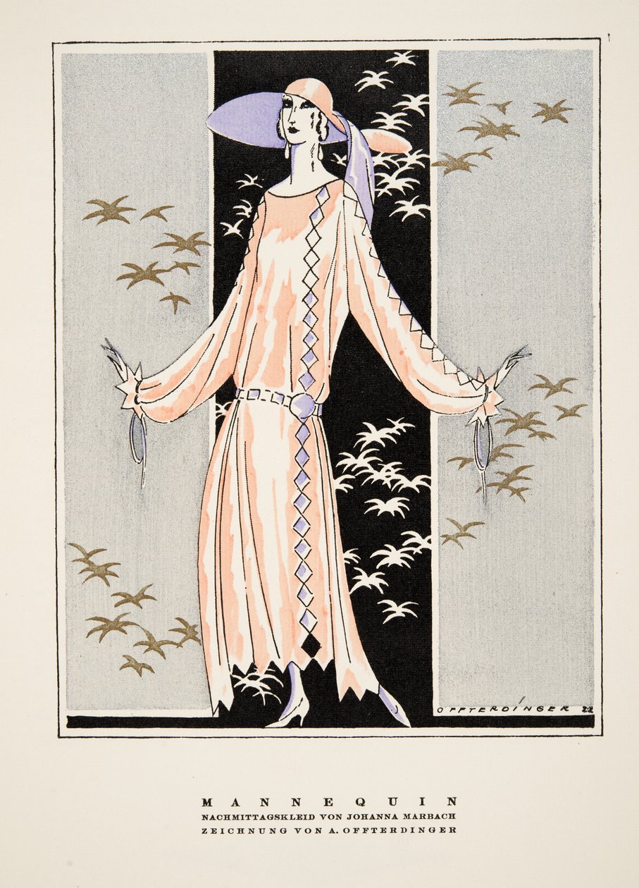 "Mannequin", anuncio de un vestido de Johanna Marbach, de Styl, pub.1922 (impresión en pochoir) de German School
