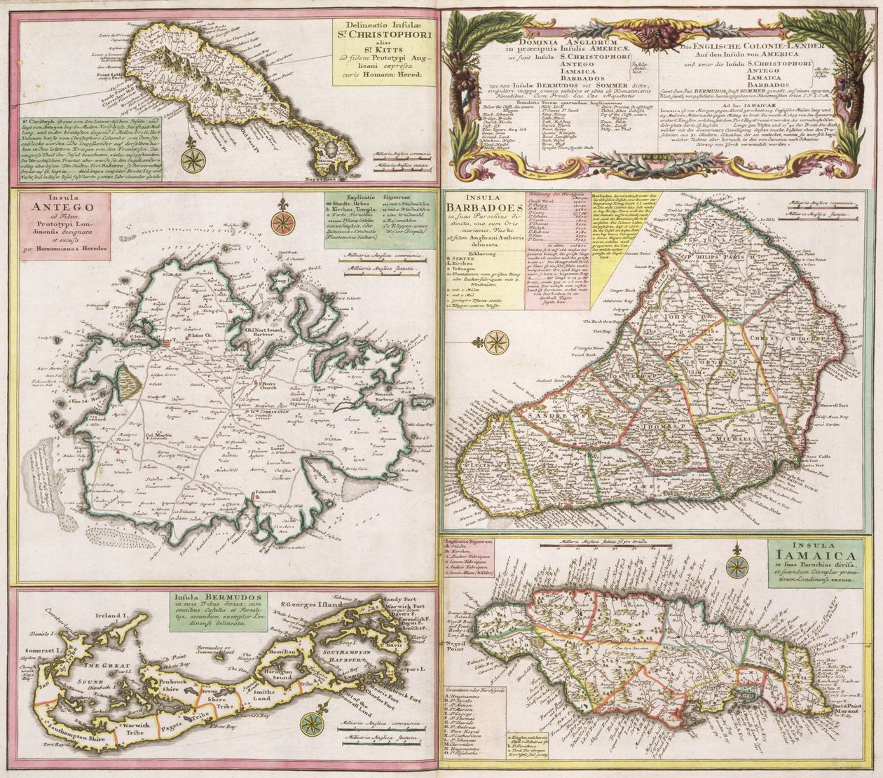 Mapa de las colonias inglesas en el Caribe, pub. por Homanns Heirs, Nuremberg, c.1750 de German School