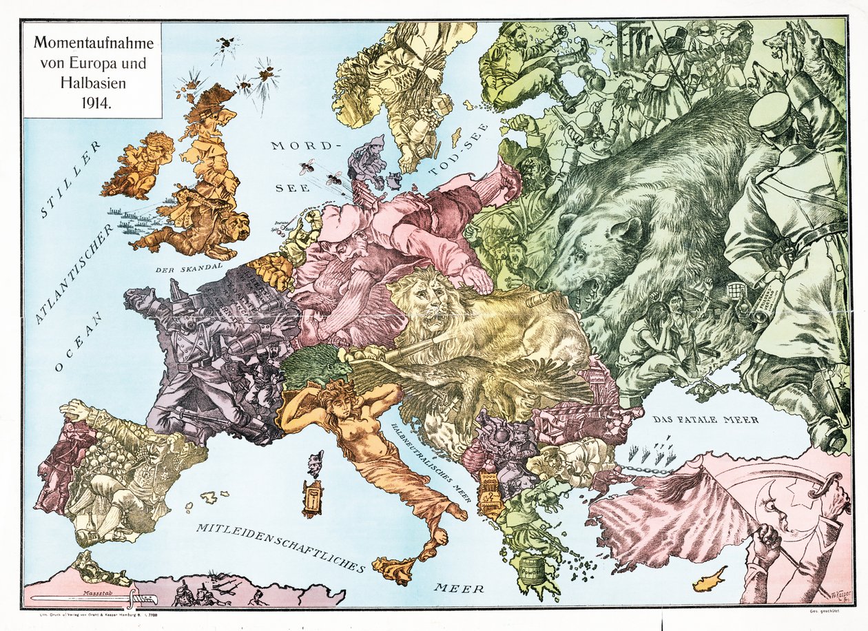 Mapa de Europa en 1914, pub.1915 (litografía en color) de German School