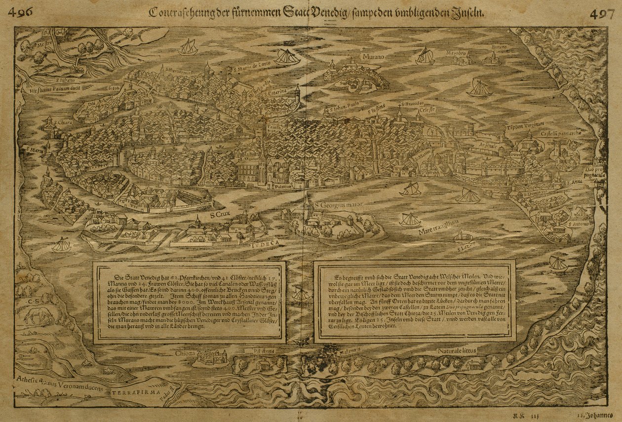 Mapa de Venecia, por Sebastian Munster (1488-1552) publicado en Basilea, c.1560 de German School