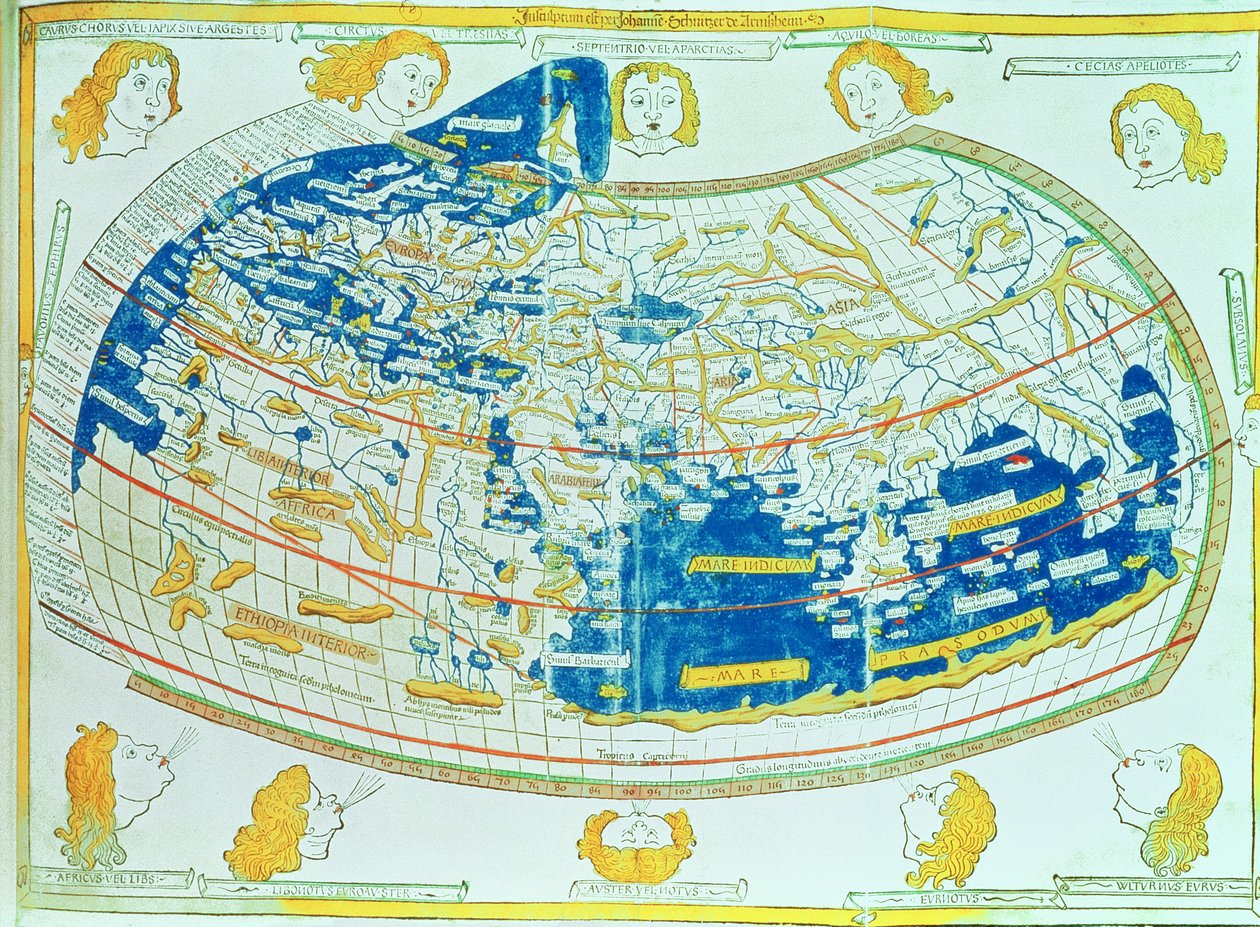 Mapa del mundo, basado en descripciones y coordenadas dadas en "Geographia", de Ptolomeo (Claudius Ptolemaeus of Alexandria) (c.90-168 AD), publicado en Ulm, Alemania de German School
