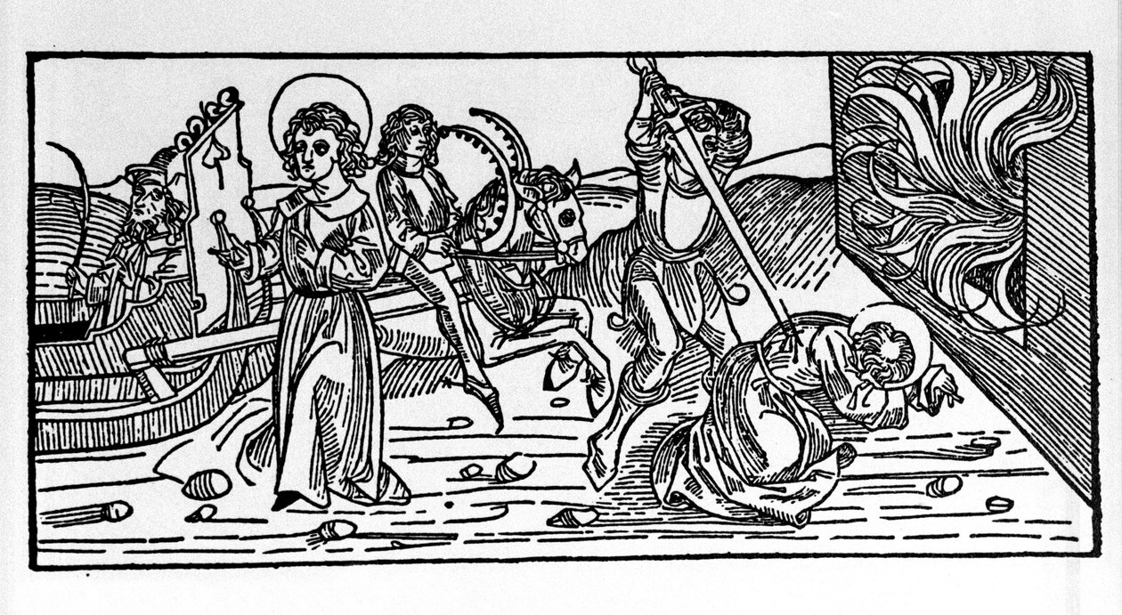 Martirio de San Policarpo de Esmirna (ca. 69-155), obispo. Grabado del “Leben der Heiligen - Sommerteil (libro de los santos)” de Jacobo de Vorágine de German School