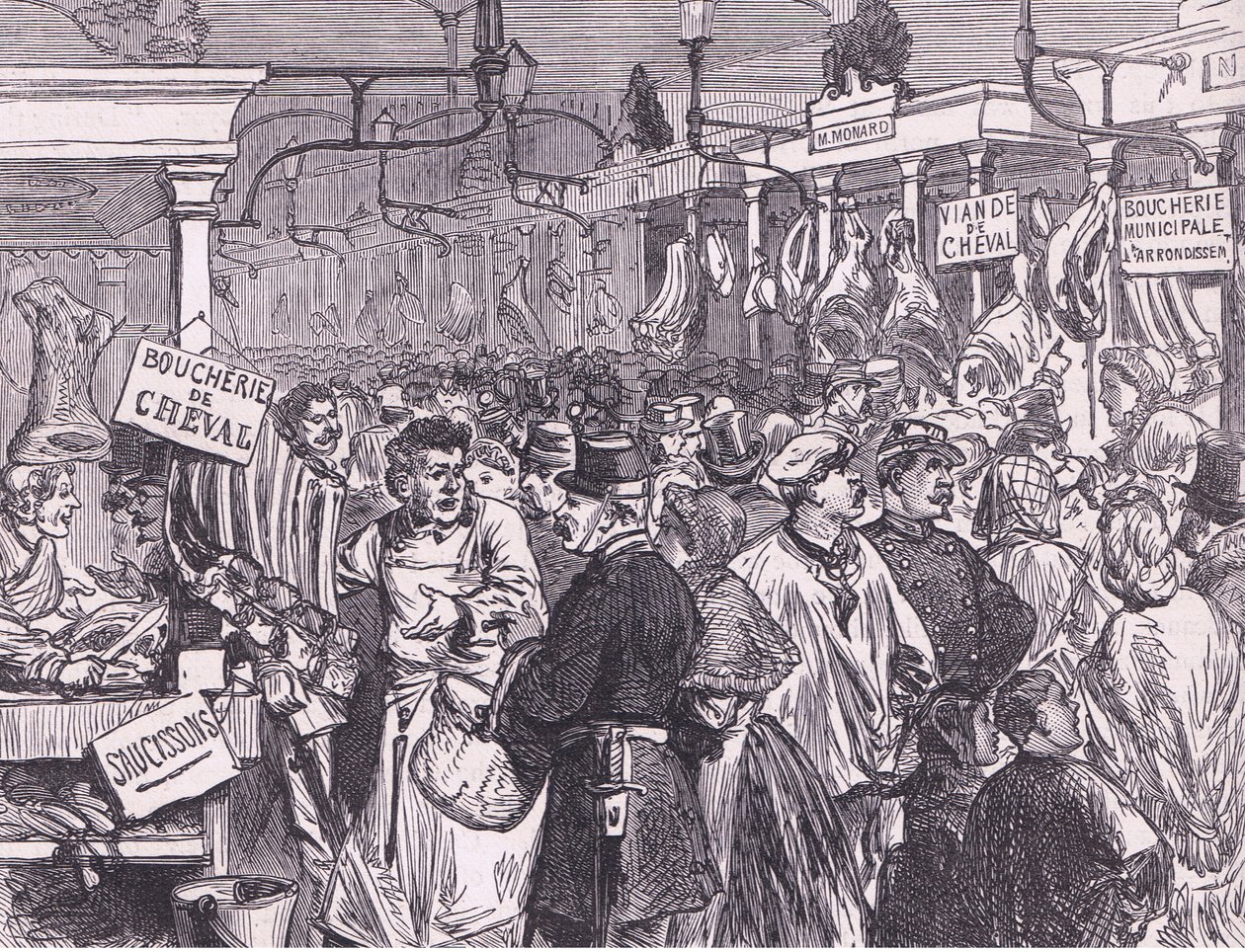 Mercado de carne en París, Historia de la guerra entre Francia y Alemania de Cassell, publicada por Cassell and Company Limited, c.1890 de German School