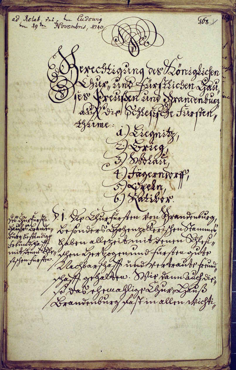 Memorándum redactado por el canciller de la Universidad de Halle, aceptando la anexión de Silesia, 19 de noviembre de 1740 de German School