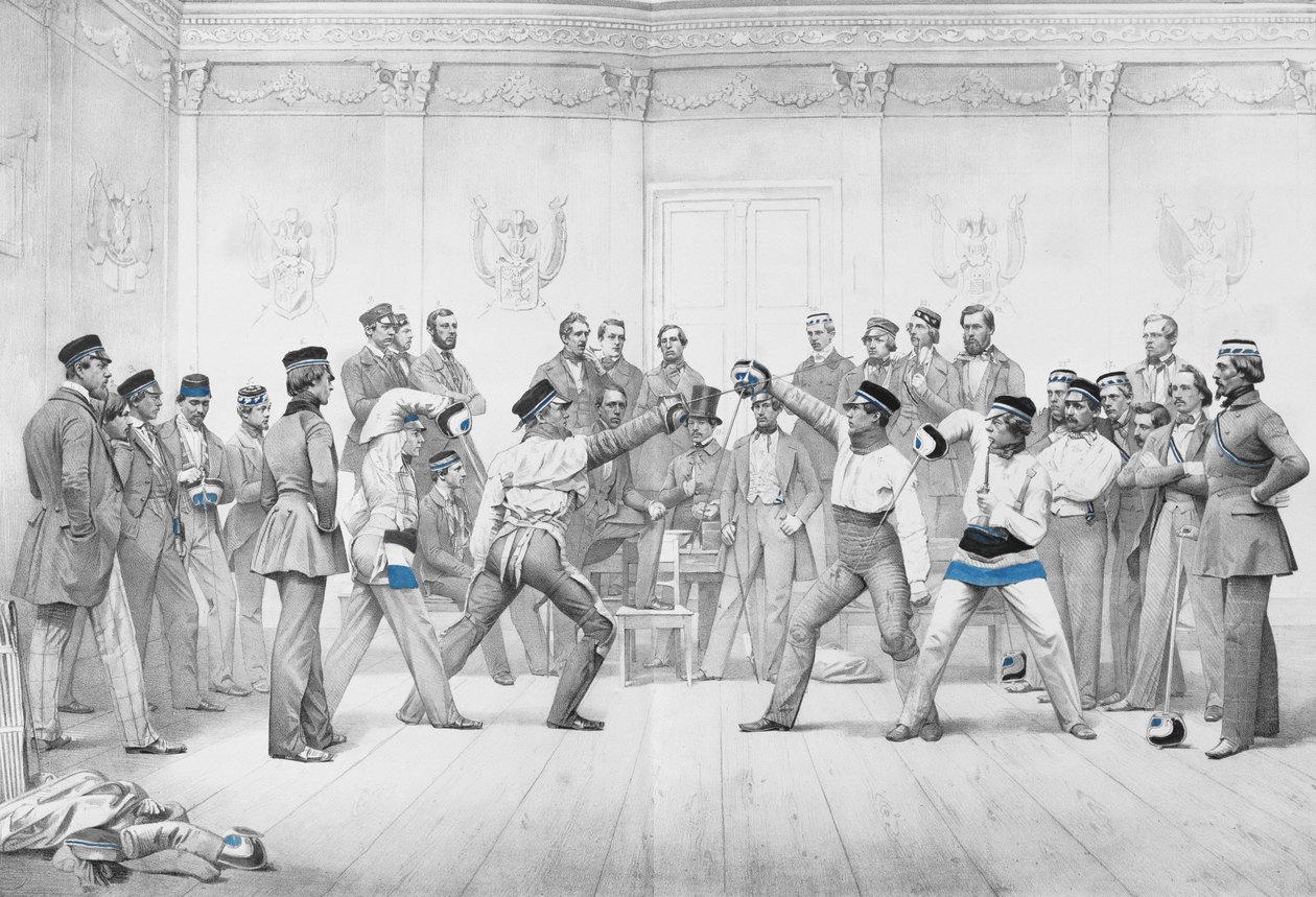 Mensuren o Miembros Estudiantiles de la Sociedad de Duelo en Dresde con su Uniforme Azul, Blanco y Negro de German School