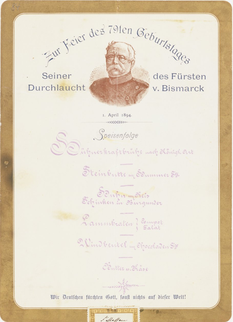 Menú en la celebración del 79º cumpleaños del Príncipe von Bismarck el 1 de abril de 1894 de German School