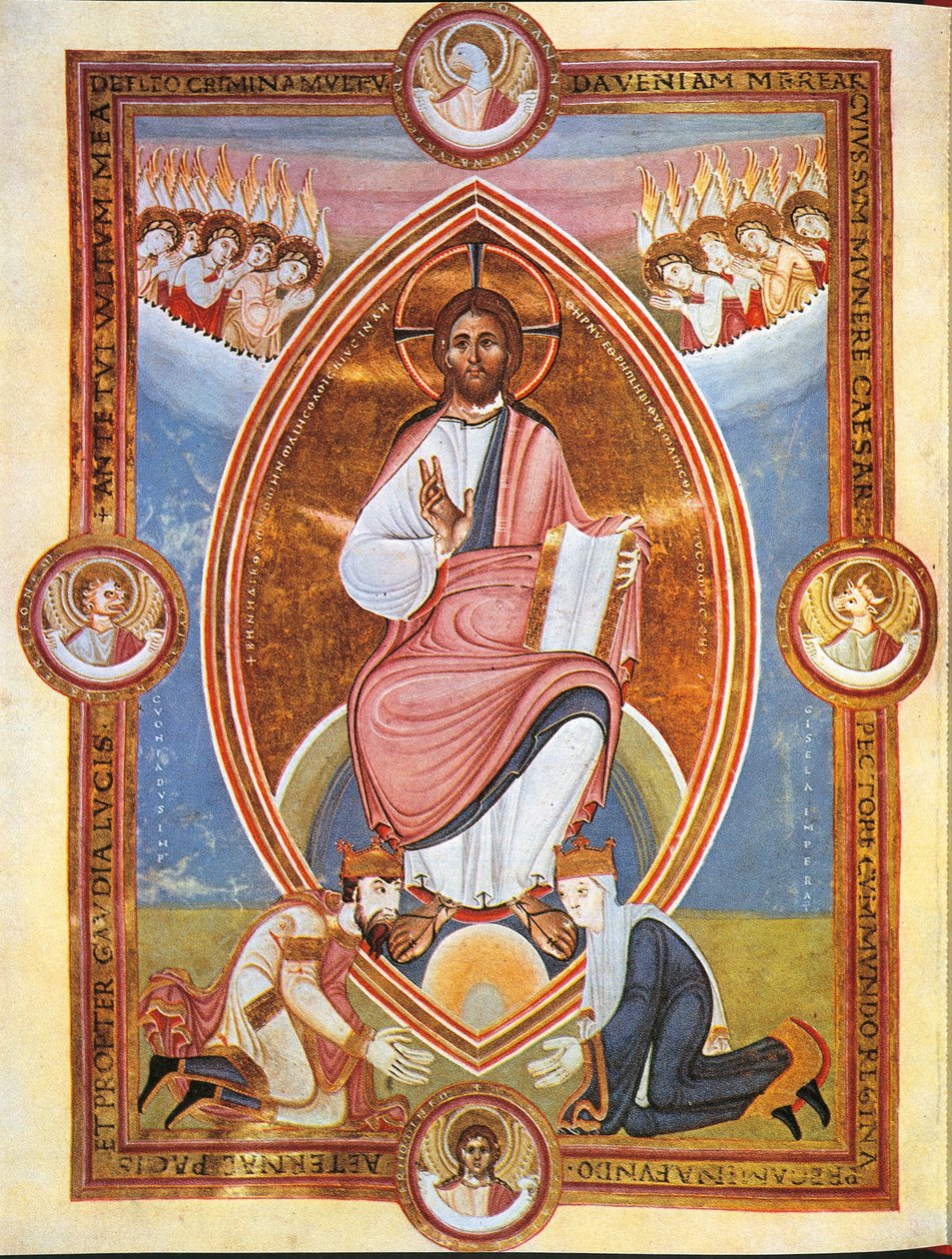 Miniatura que representa a Cristo bendiciendo dentro de una aureola en forma de almendra con el Emperador Conrado II y la Emperatriz Gisela a sus pies de German School