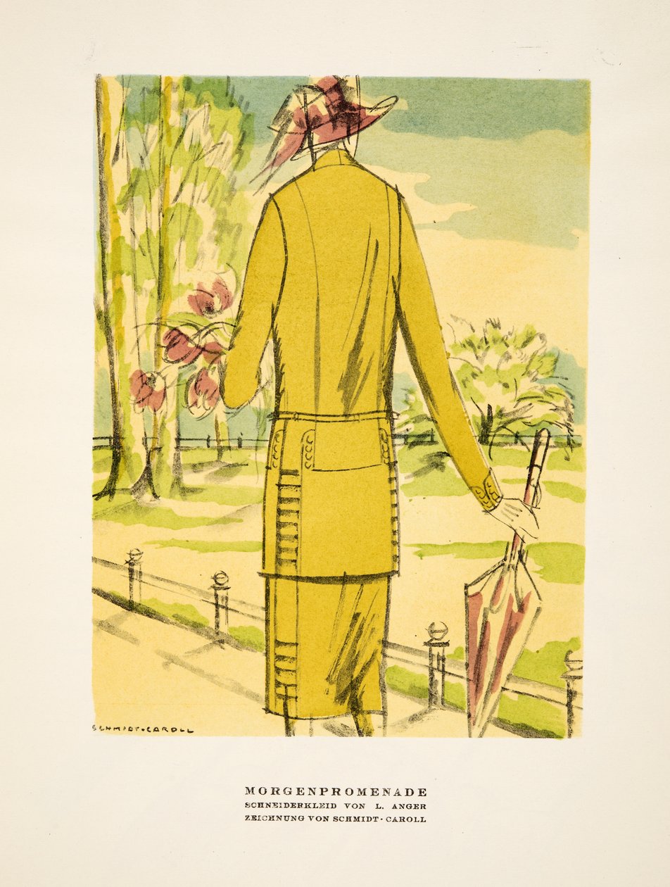 "Morgenpromenade", anuncio de ropa de L. Anger, de Styl, pub.1922 (impresión en pochoir) de German School
