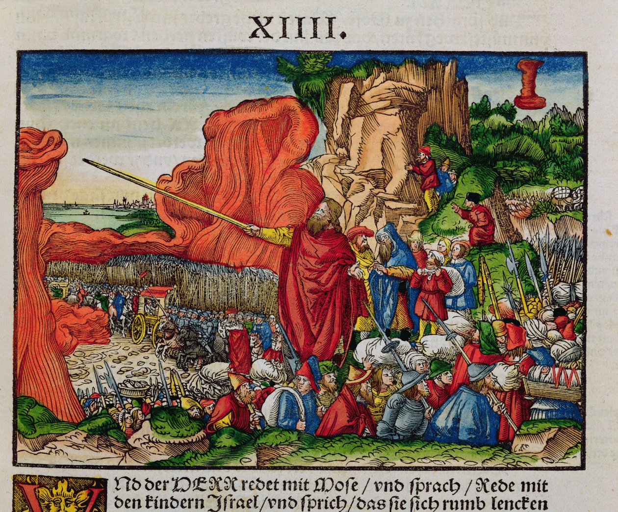 Moisés cruzando el Mar Rojo, de la Biblia de Lutero, c.1530 (xilografía coloreada) de German School