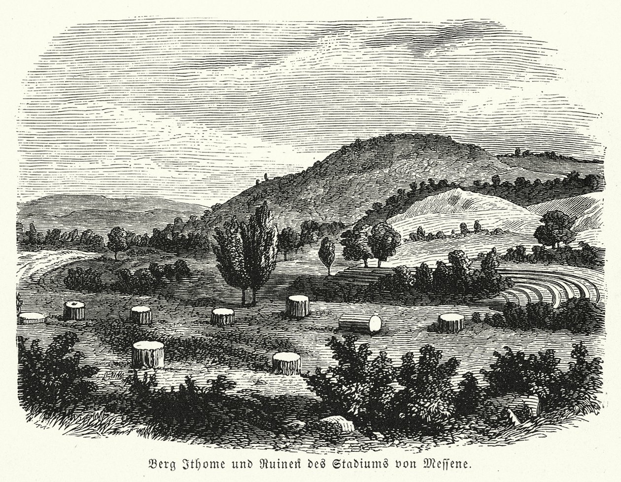 El monte Ithome y las ruinas del estadio de Mesenia (grabado) de German School