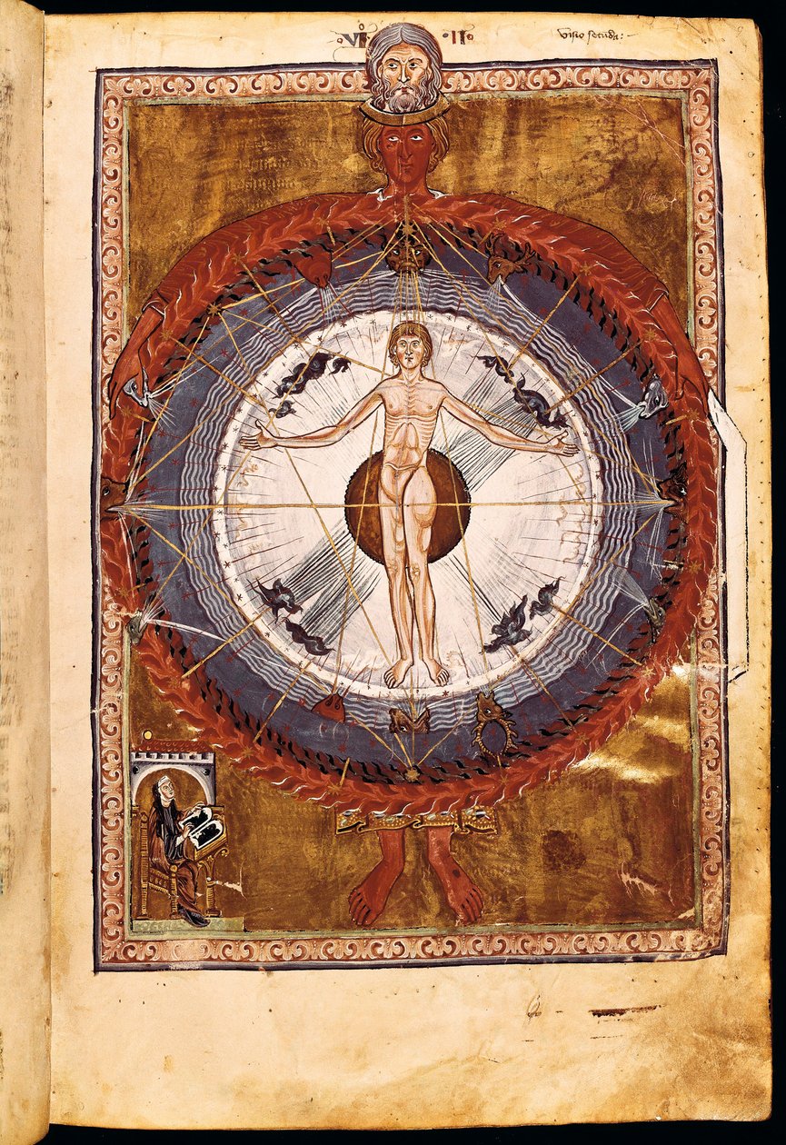 Las esferas cósmicas y el ser humano, visión de Hildegard de Bingen de "Liber Divinorum Operum", c.1220-30 de German School