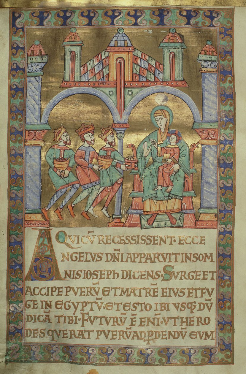 Ms. Czart. 1207, IV, fol.V v. Adoración de los Magos, del Evangeliarium de la Catedral de Plock, c.1075 de German School