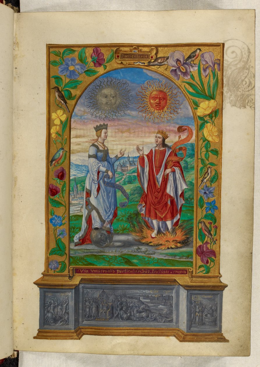 Ms Harley 3469 f.10 Miniatura de un rey y una reina con pergaminos, de 