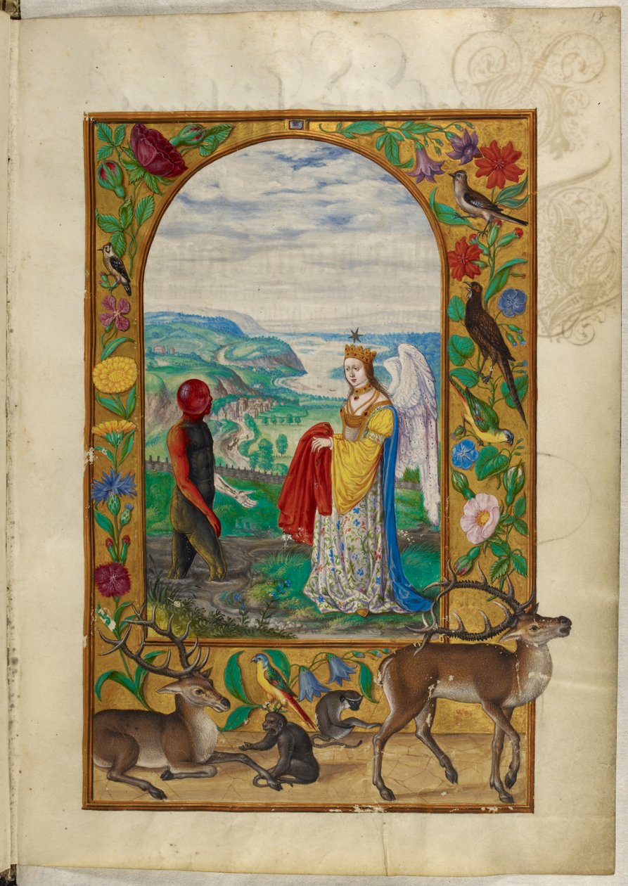 Ms Harley 3469, f.18 La reina ofrece túnica al hombre en la piscina, la Cuarta Parábola, de 