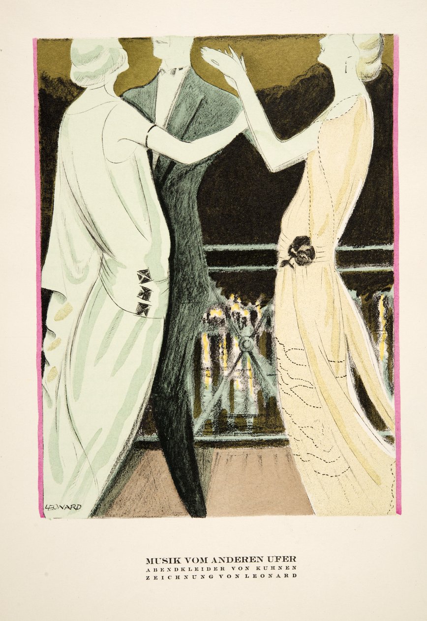 "Musik vom Anderen Ufer", anuncio de vestidos de noche de Kuhnen, de Styl, pub.1922 (impresión en pochoir) de German School