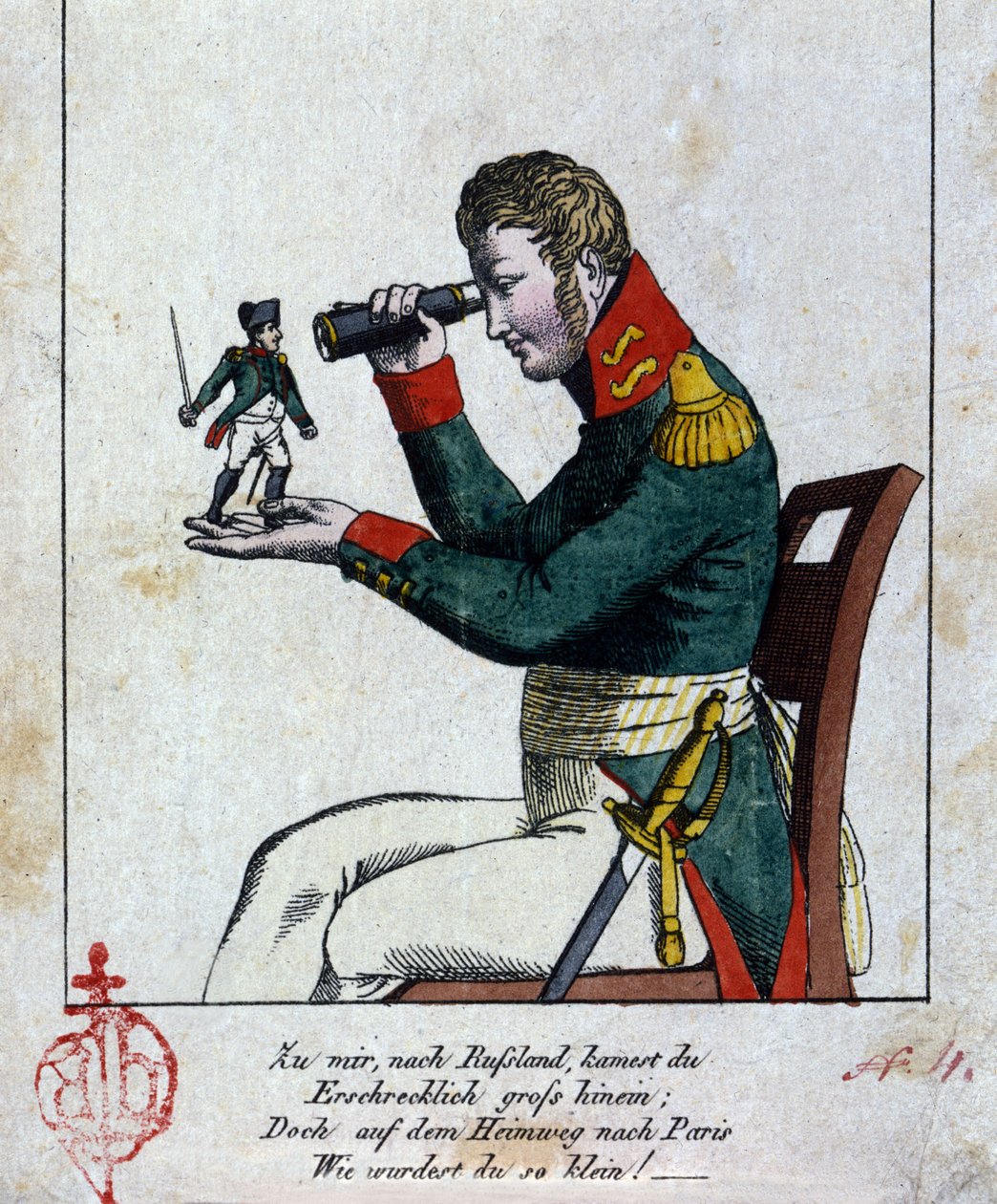 Napoleón I: la campaña rusa En casa, en Rusia, llegaste terriblemente grande, pero de regreso a París, ¡te volviste pequeño! (además, ¡rima!) Beso. Caricatura alemana del siglo XIX de German School